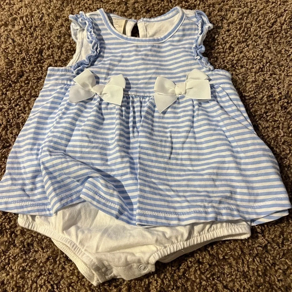 First Impression Set of 2 Dress Rompers Light Blue Striped Watermelon Size 12m